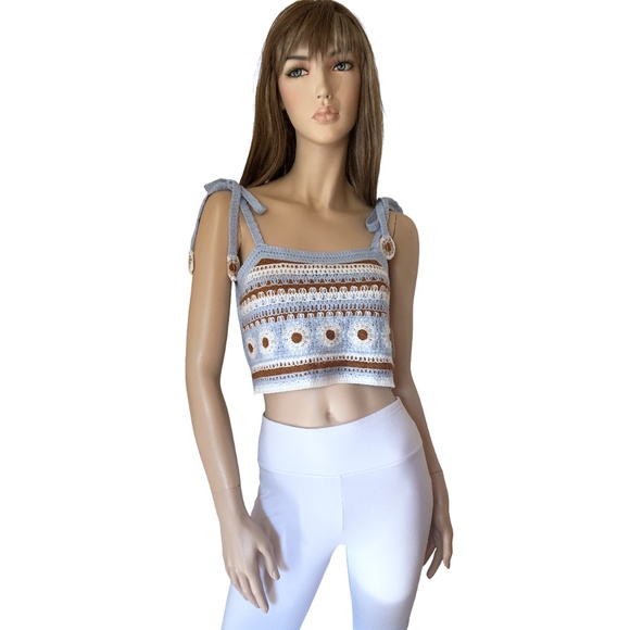 ALTAR'D STATE Crochet Knit Crop Top Floral Tie Straps Shirt Strappy Sky Blue - Picture 2 of 15